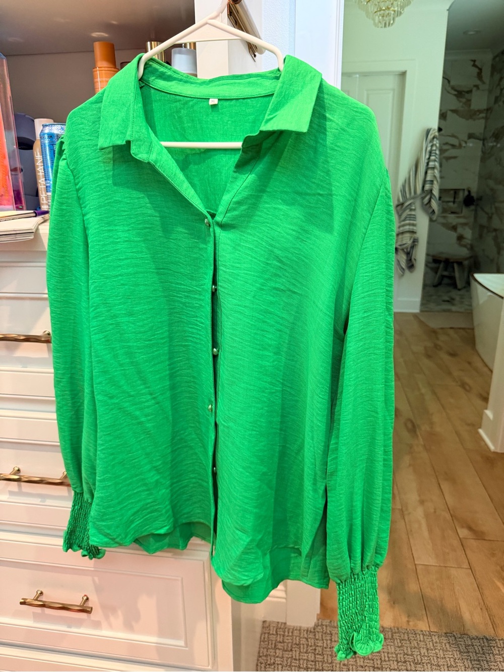 Green Long-Sleeve Button Front Blouse
